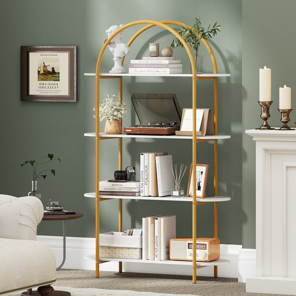 4-Tier Open Bookcase with Metal Frame – White & Golden