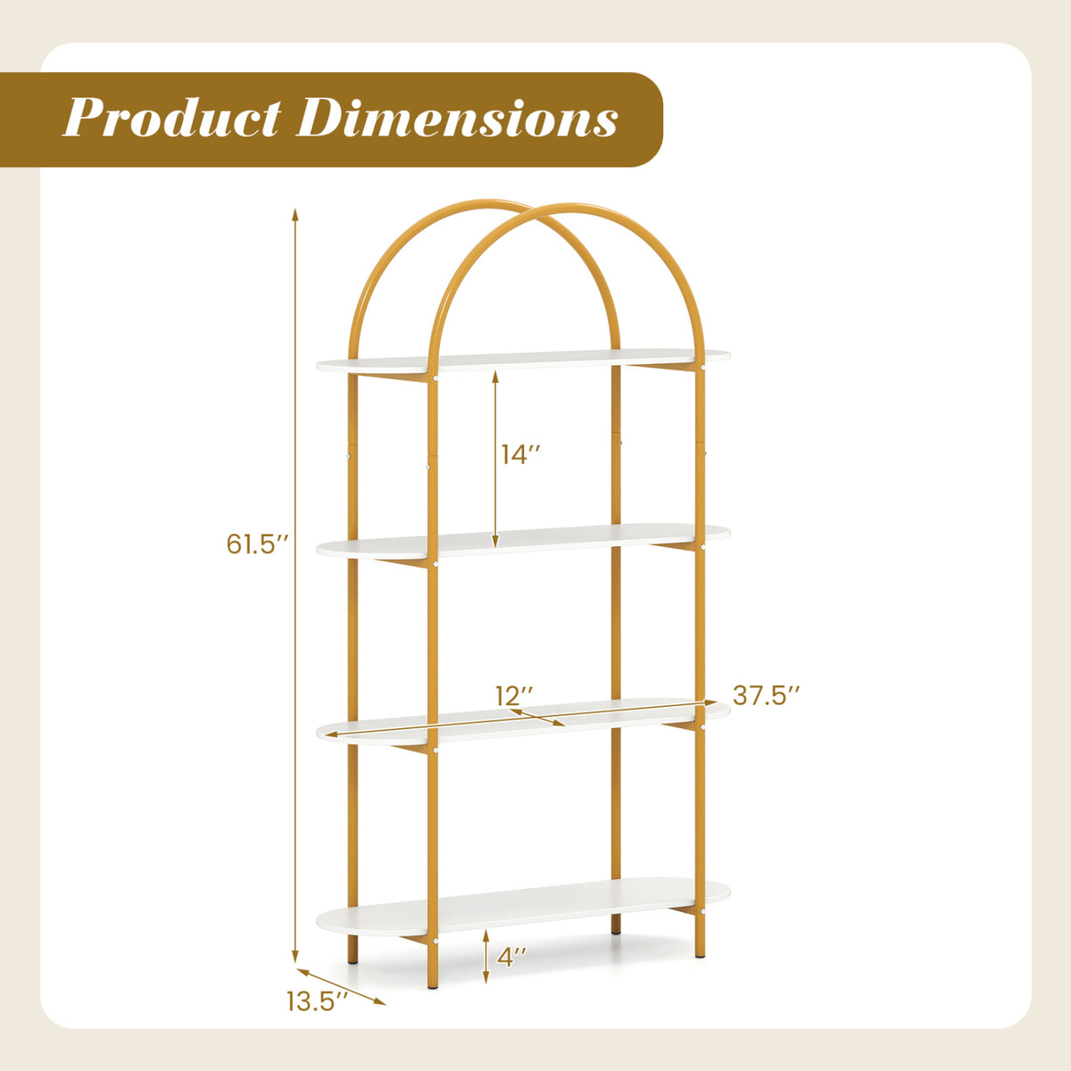 4-Tier Open Bookcase with Metal Frame – White & Golden