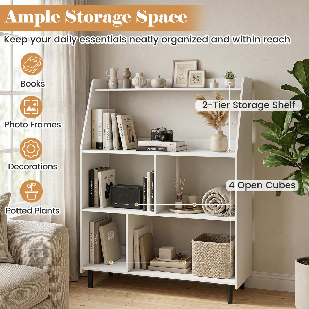 4-Tier Open Bookcase with Anti-Tipping Kit - White
