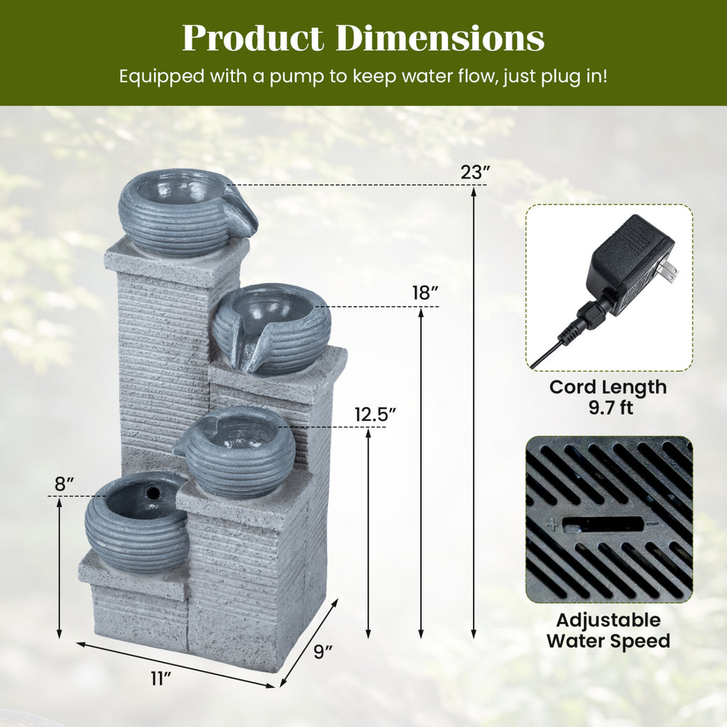 Gray 4-Tier Outdoor Water Fountain Cascading Bowl Waterfall with LED Lights