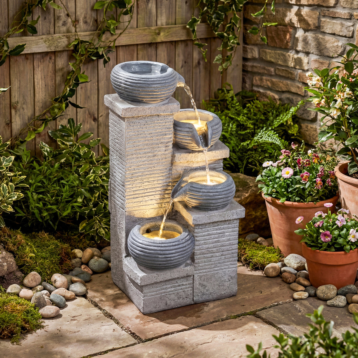 Gray 4-Tier Outdoor Water Fountain Cascading Bowl Waterfall with LED Lights
