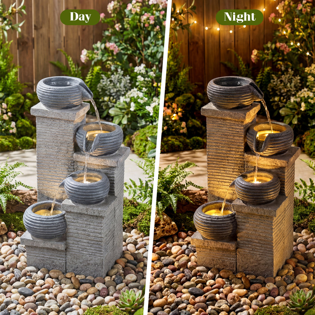 Gray 4-Tier Outdoor Water Fountain Cascading Bowl Waterfall with LED Lights