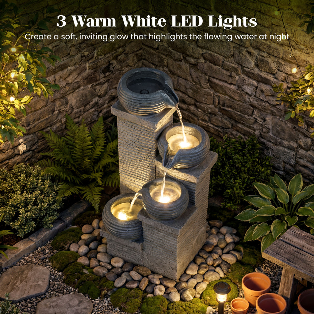 Gray 4-Tier Outdoor Water Fountain Cascading Bowl Waterfall with LED Lights