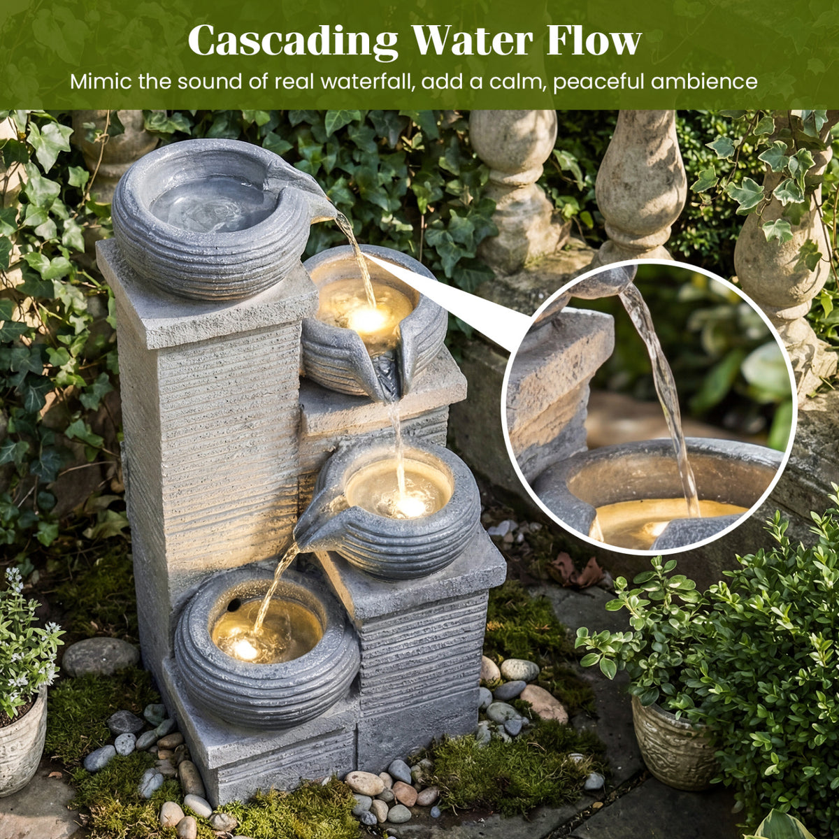 Gray 4-Tier Outdoor Water Fountain Cascading Bowl Waterfall with LED Lights