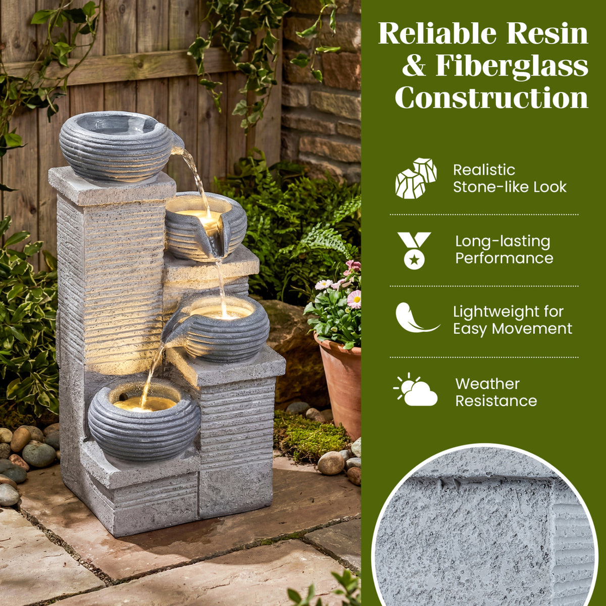Gray 4-Tier Outdoor Water Fountain Cascading Bowl Waterfall with LED Lights