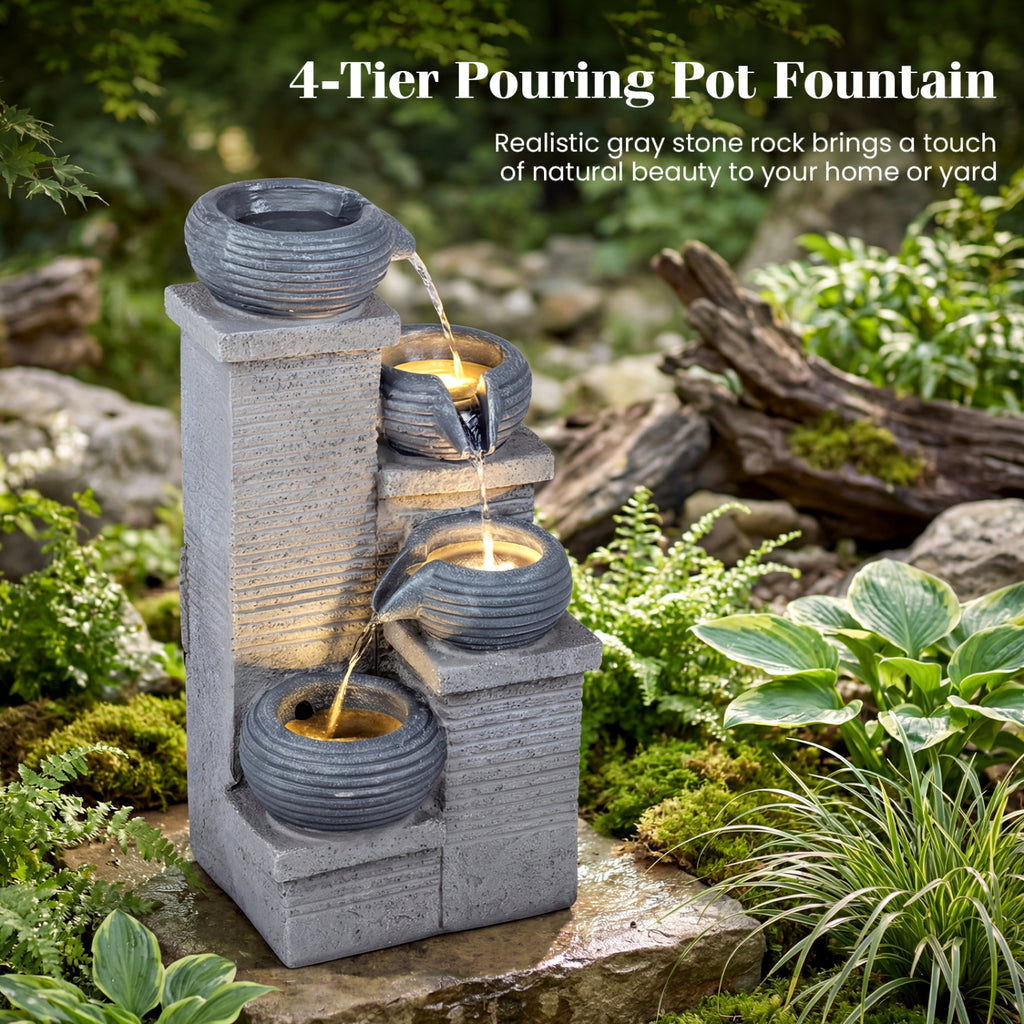 Gray 4-Tier Outdoor Water Fountain Cascading Bowl Waterfall with LED Lights