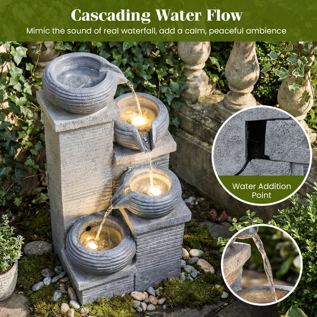 Gray 4-Tier Outdoor Water Fountain Cascading Bowl Waterfall with LED Lights