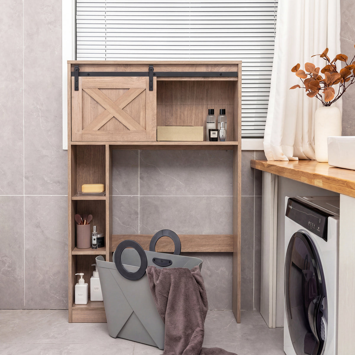 4-Tier Over The Toilet Storage Cabinet with Sliding Barn Door and
