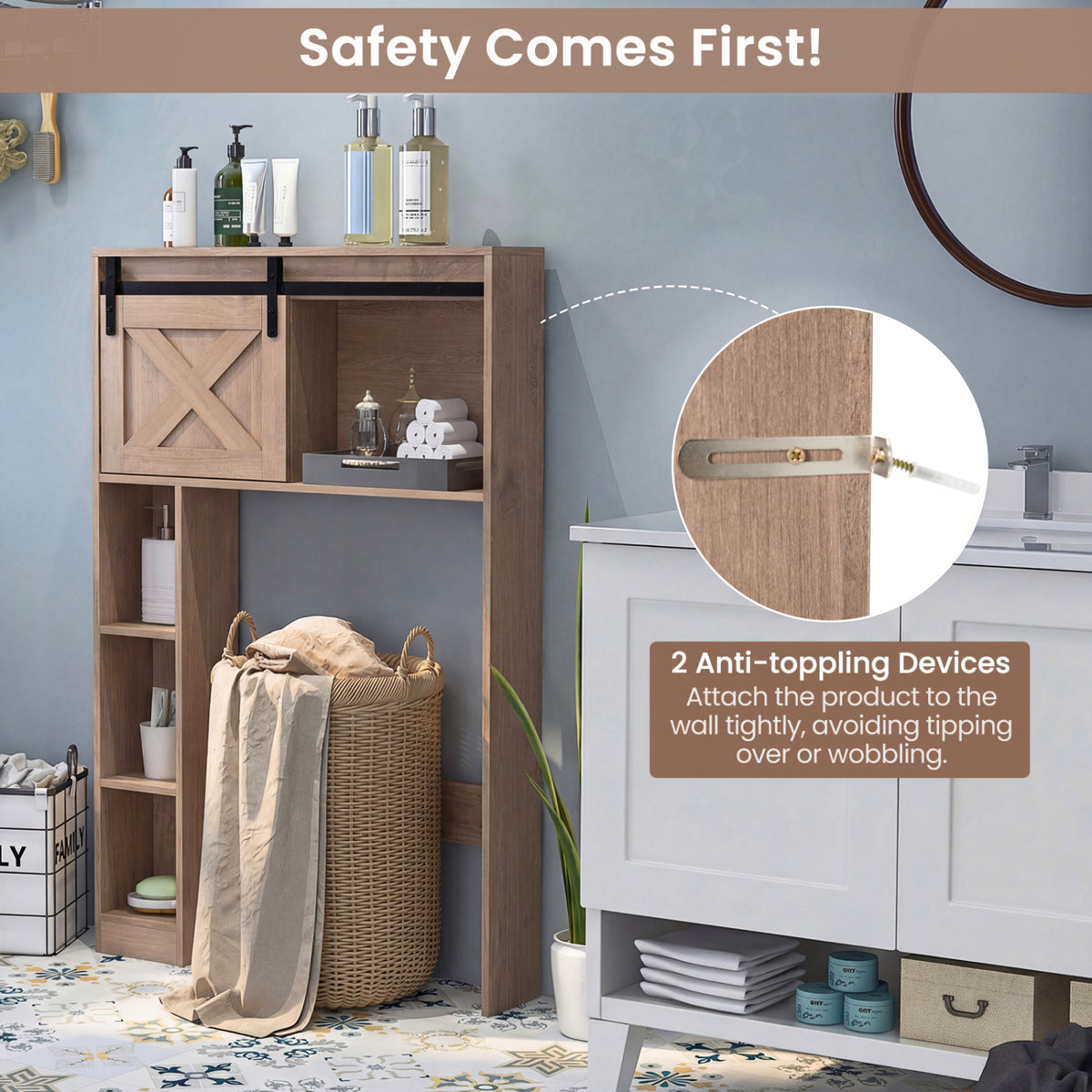 4-Tier Over The Toilet Storage Cabinet with Sliding Barn Door and