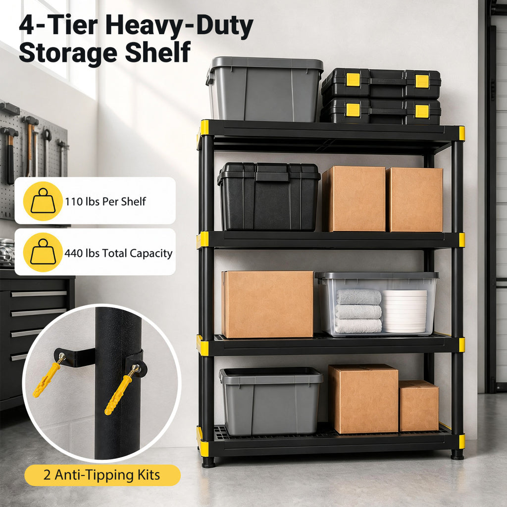 4-Tier Plastic Storage Shelf Heavy-Duty Utility Rack Freestanding