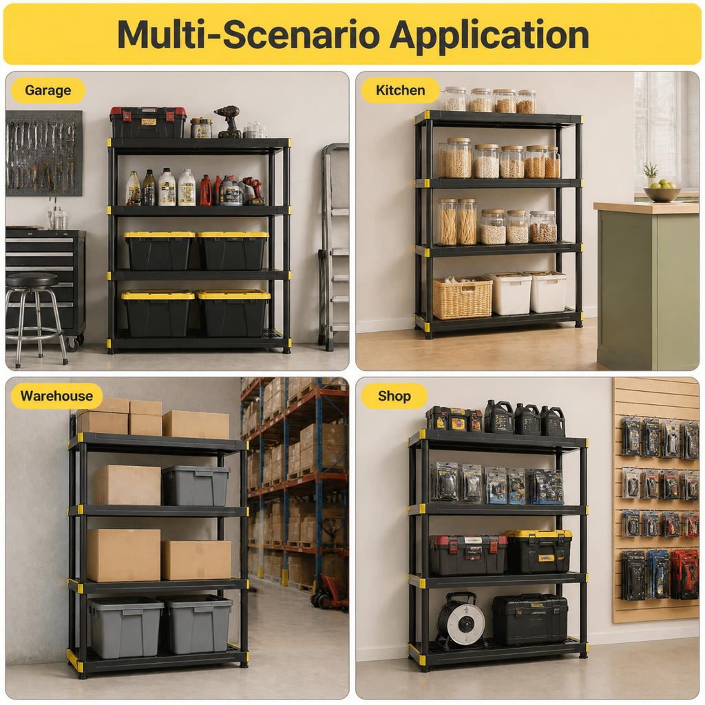 4-Tier Plastic Storage Shelf Heavy-Duty Utility Rack Freestanding