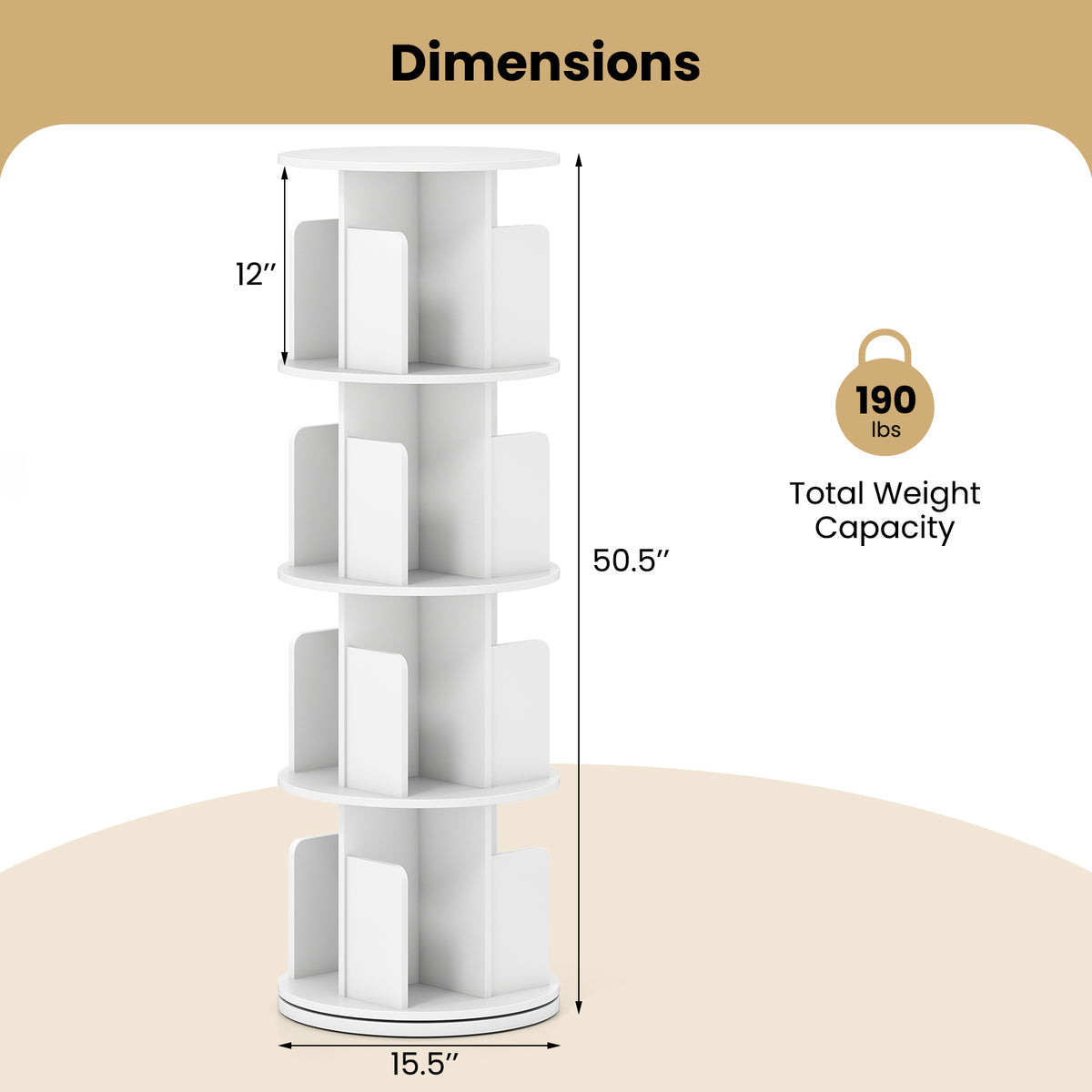 4-Tier Rotating Bookshelf 360° Display Rack - White