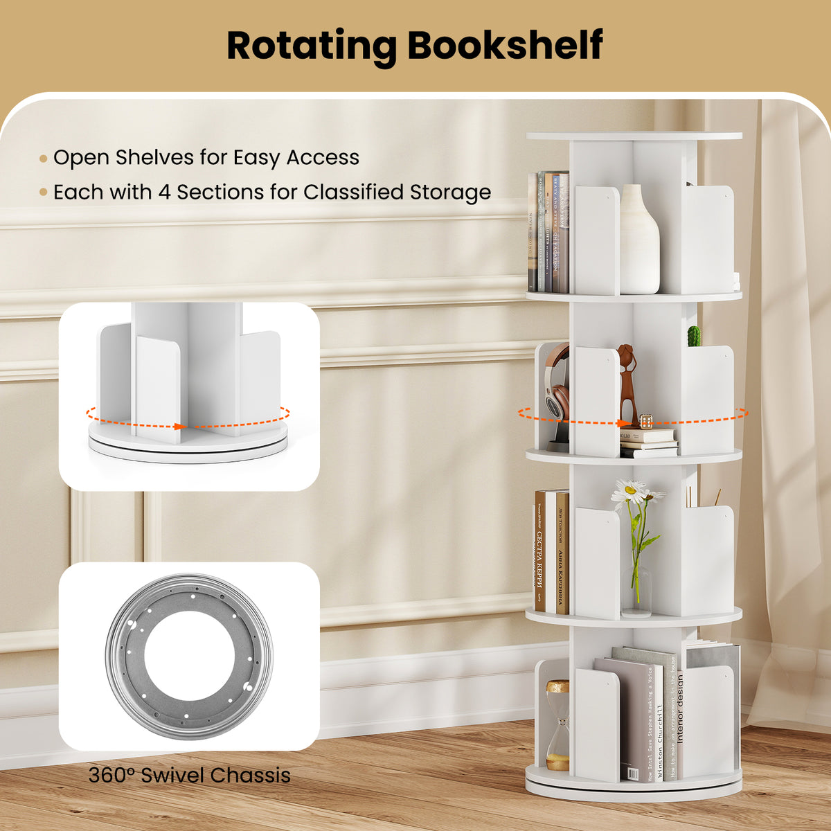 4-Tier Rotating Bookshelf 360° Display Rack - White
