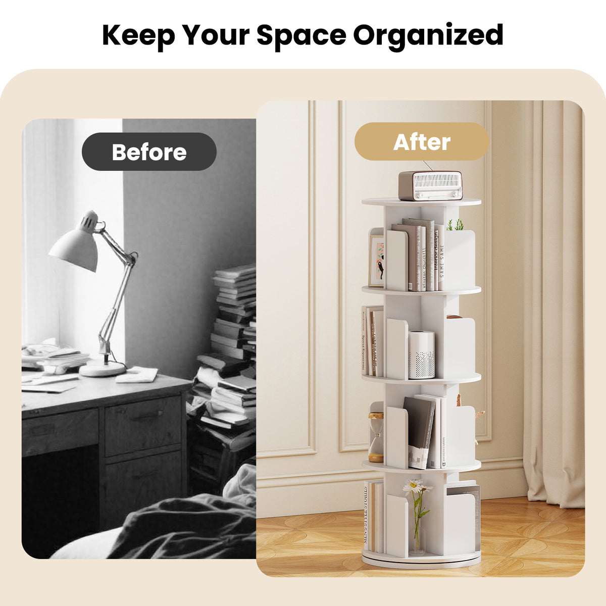 4-Tier Rotating Bookshelf 360° Display Rack - White