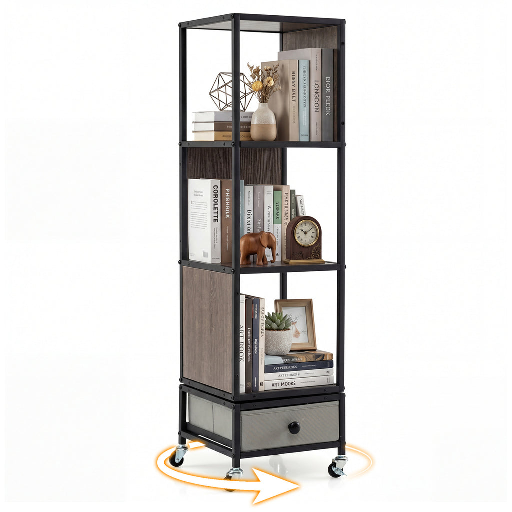 4-Tier Rotating Bookshelf on Wheels with Drawer - White