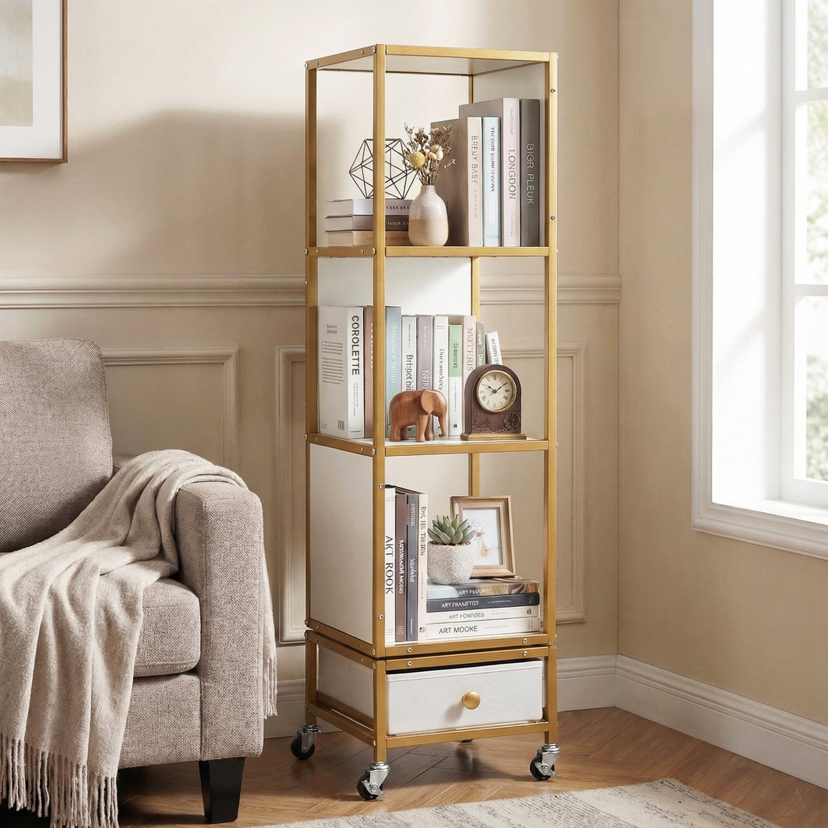 4-Tier Rotating Bookshelf on Wheels with Drawer - White