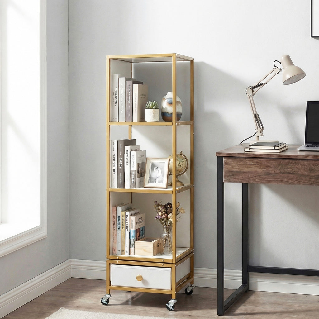 4-Tier Rotating Bookshelf on Wheels with Drawer - White