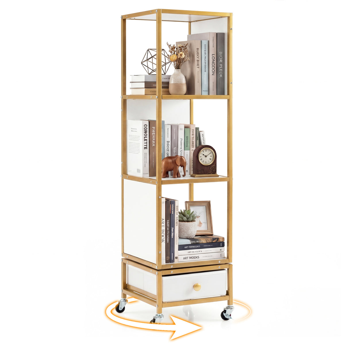 4-Tier Rotating Bookshelf on Wheels with Drawer - White