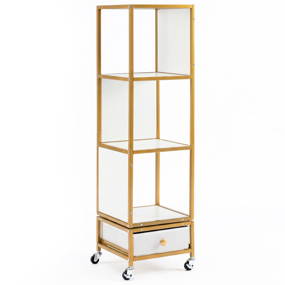 4-Tier Rotating Bookshelf on Wheels with Drawer - White