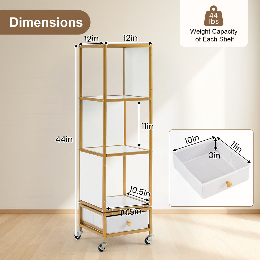 4-Tier Rotating Bookshelf on Wheels with Drawer - White