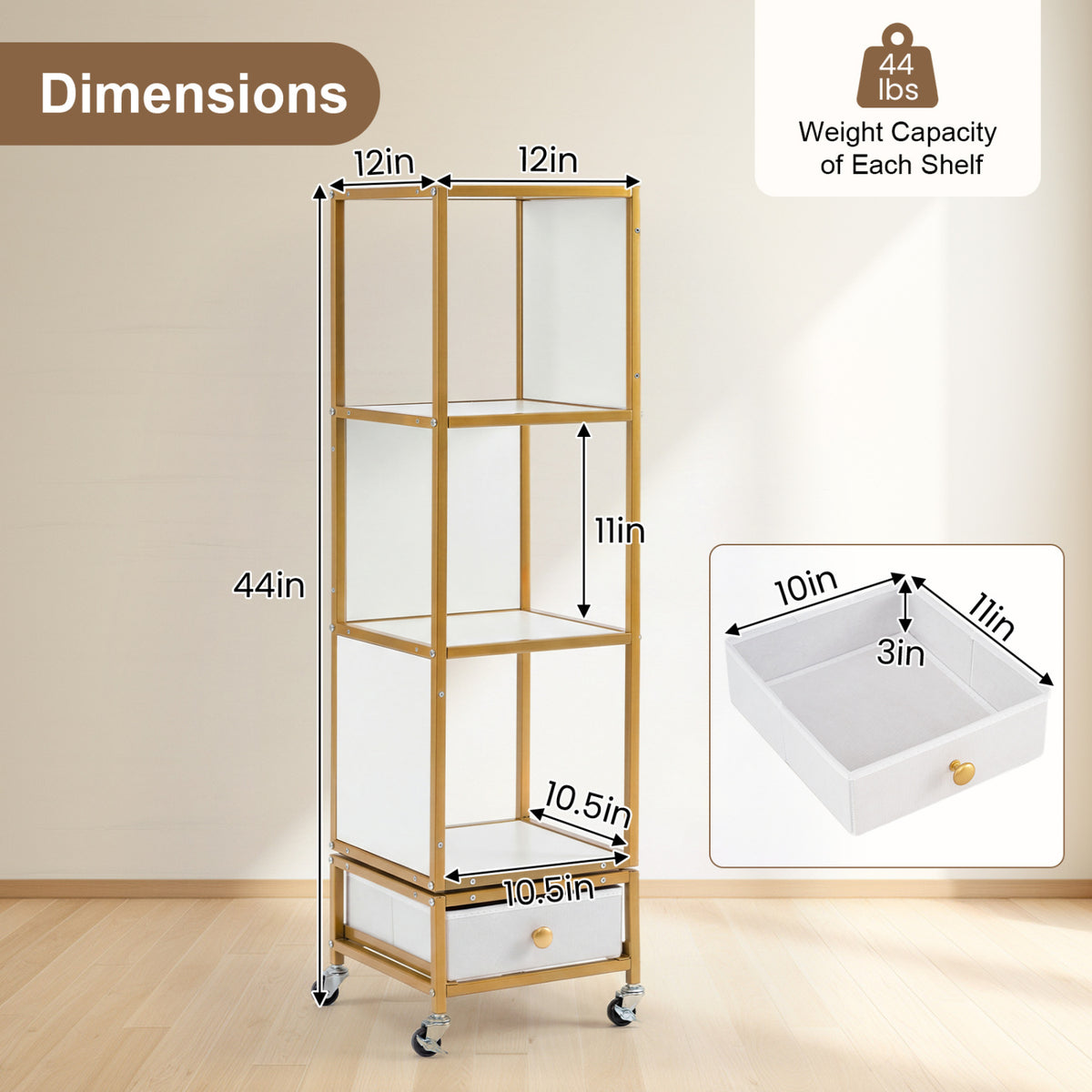 4-Tier Rotating Bookshelf on Wheels with Drawer - White