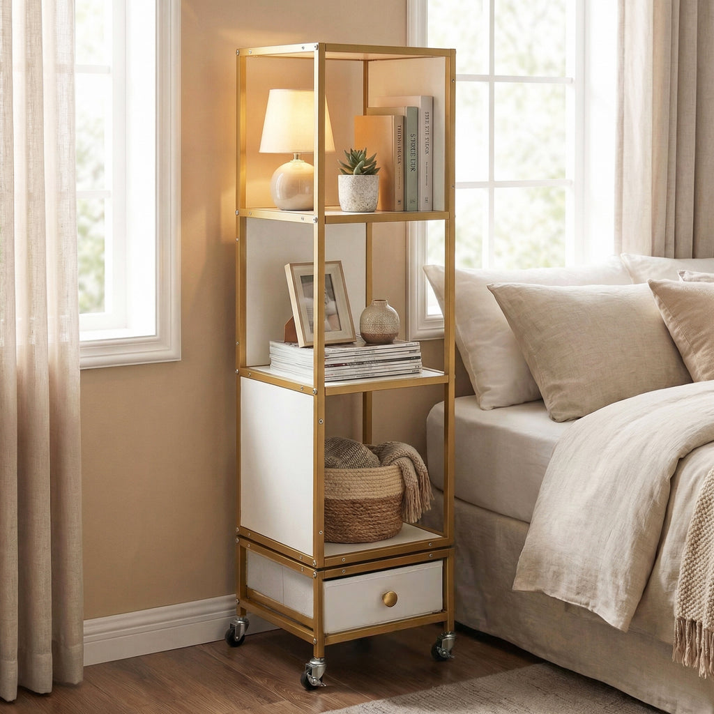 4-Tier Rotating Bookshelf on Wheels with Drawer - White