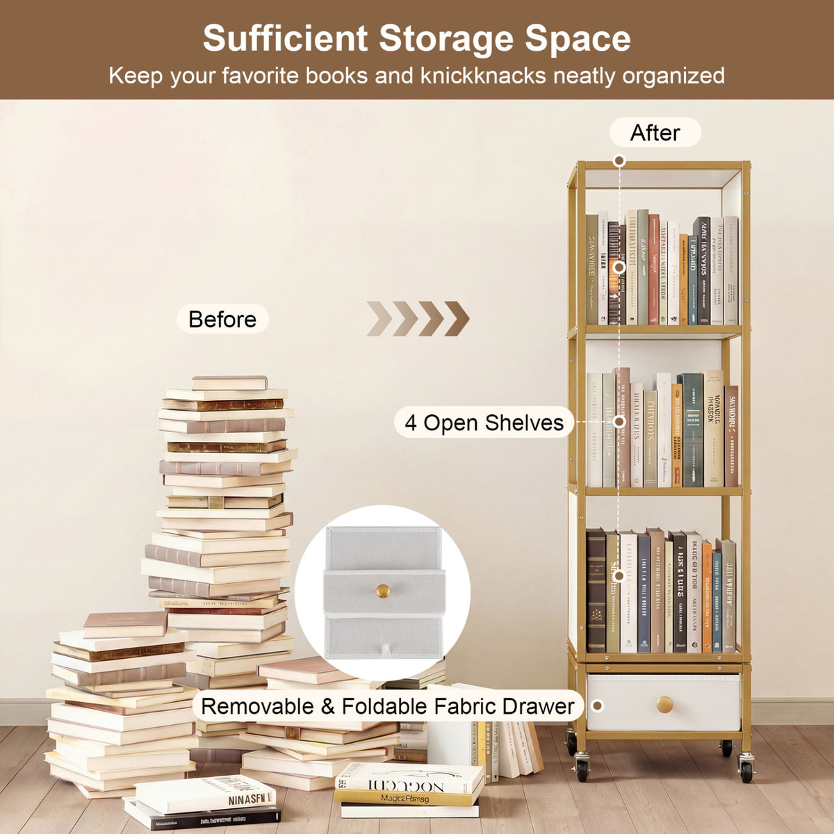 4-Tier Rotating Bookshelf on Wheels with Drawer - White