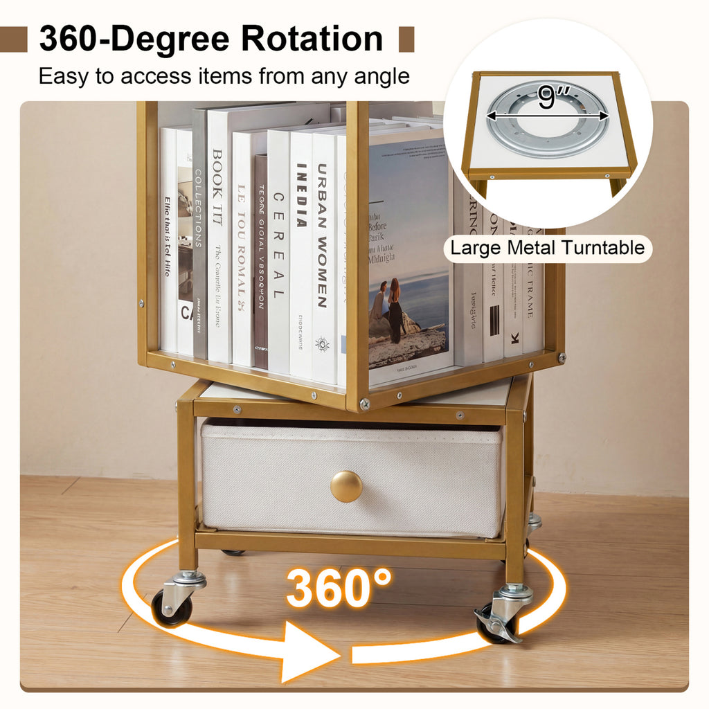 4-Tier Rotating Bookshelf on Wheels with Drawer - White
