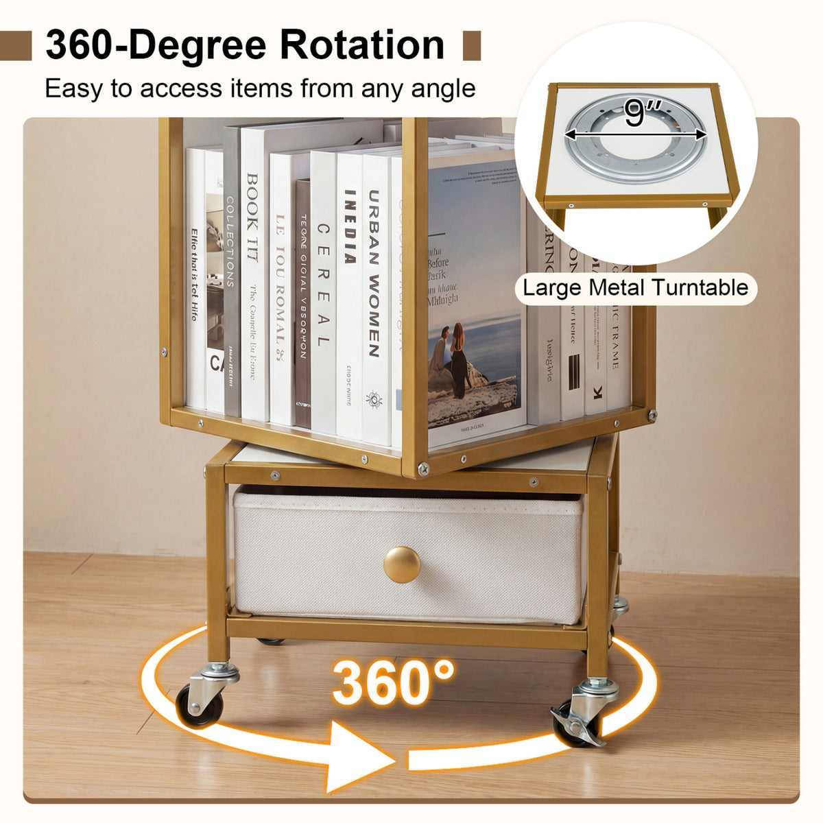 4-Tier Rotating Bookshelf on Wheels with Drawer - White