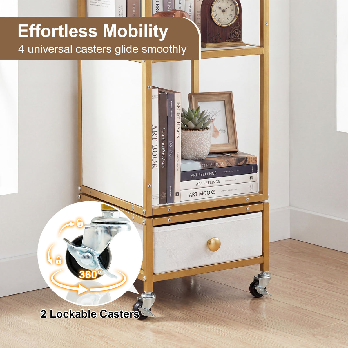 4-Tier Rotating Bookshelf on Wheels with Drawer - White