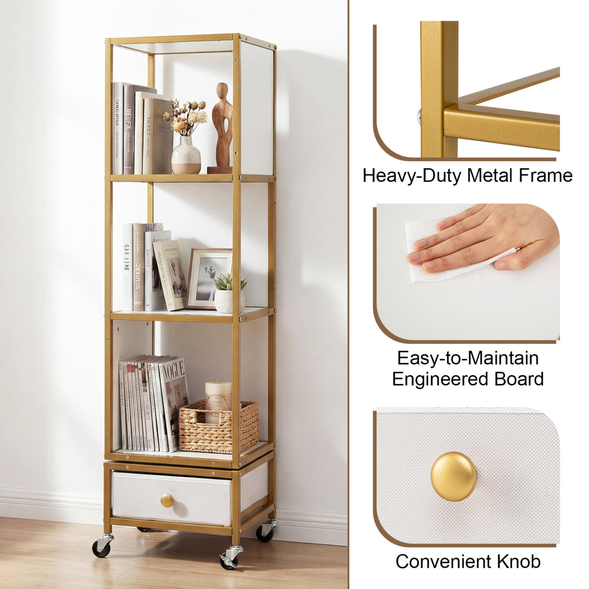 4-Tier Rotating Bookshelf on Wheels with Drawer - White