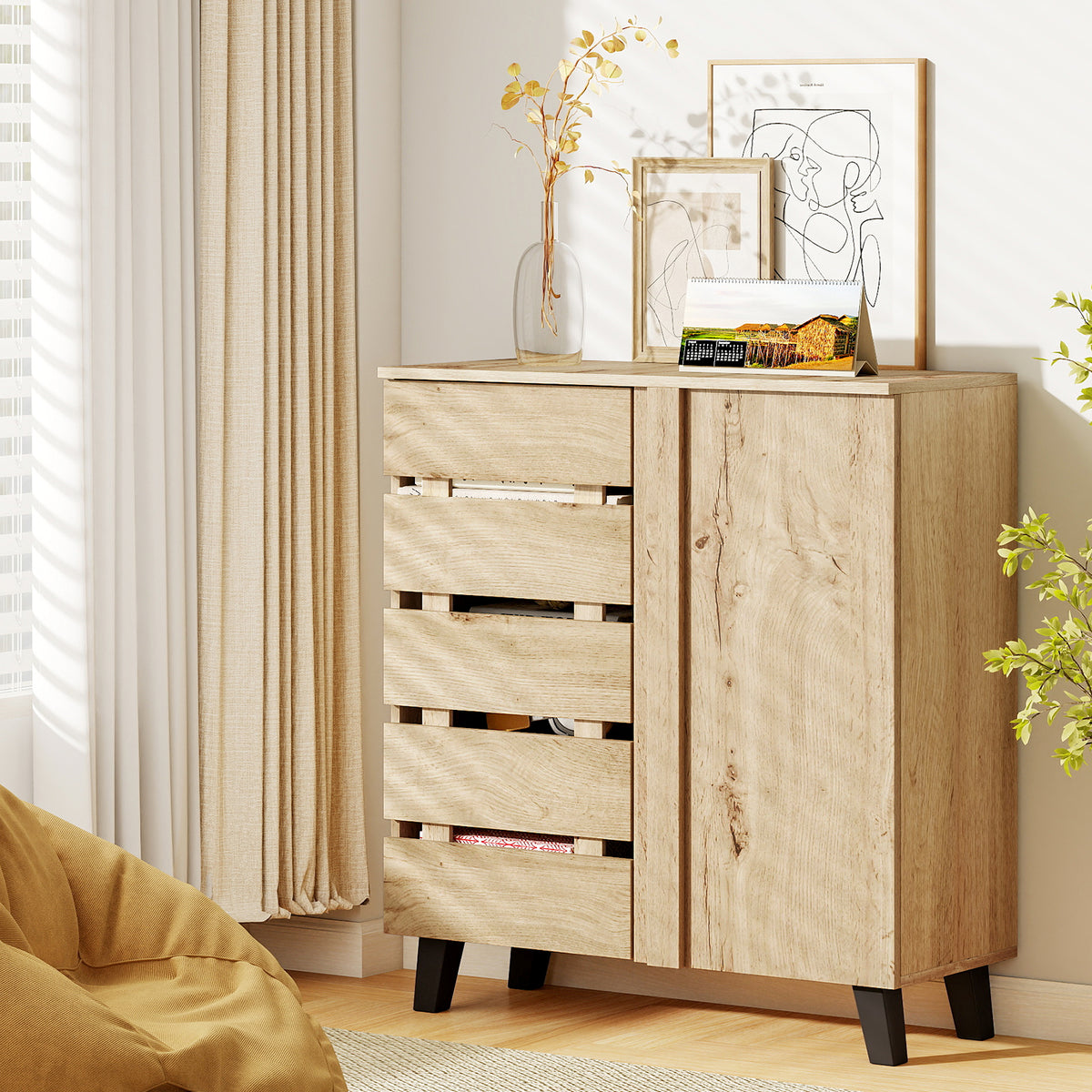 4-Tier Shoe Cabinet with Louvered Door - Natural Wood