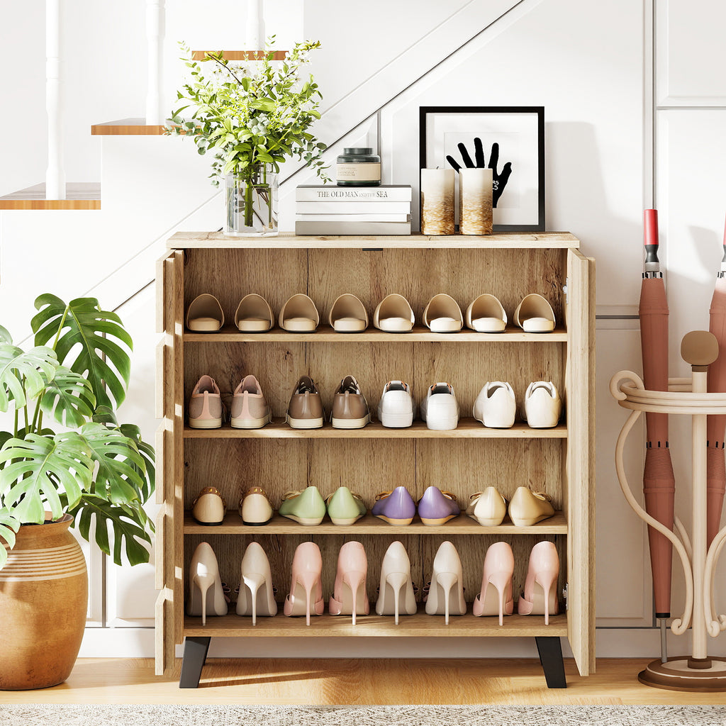 4-Tier Shoe Cabinet with Louvered Door - Natural Wood