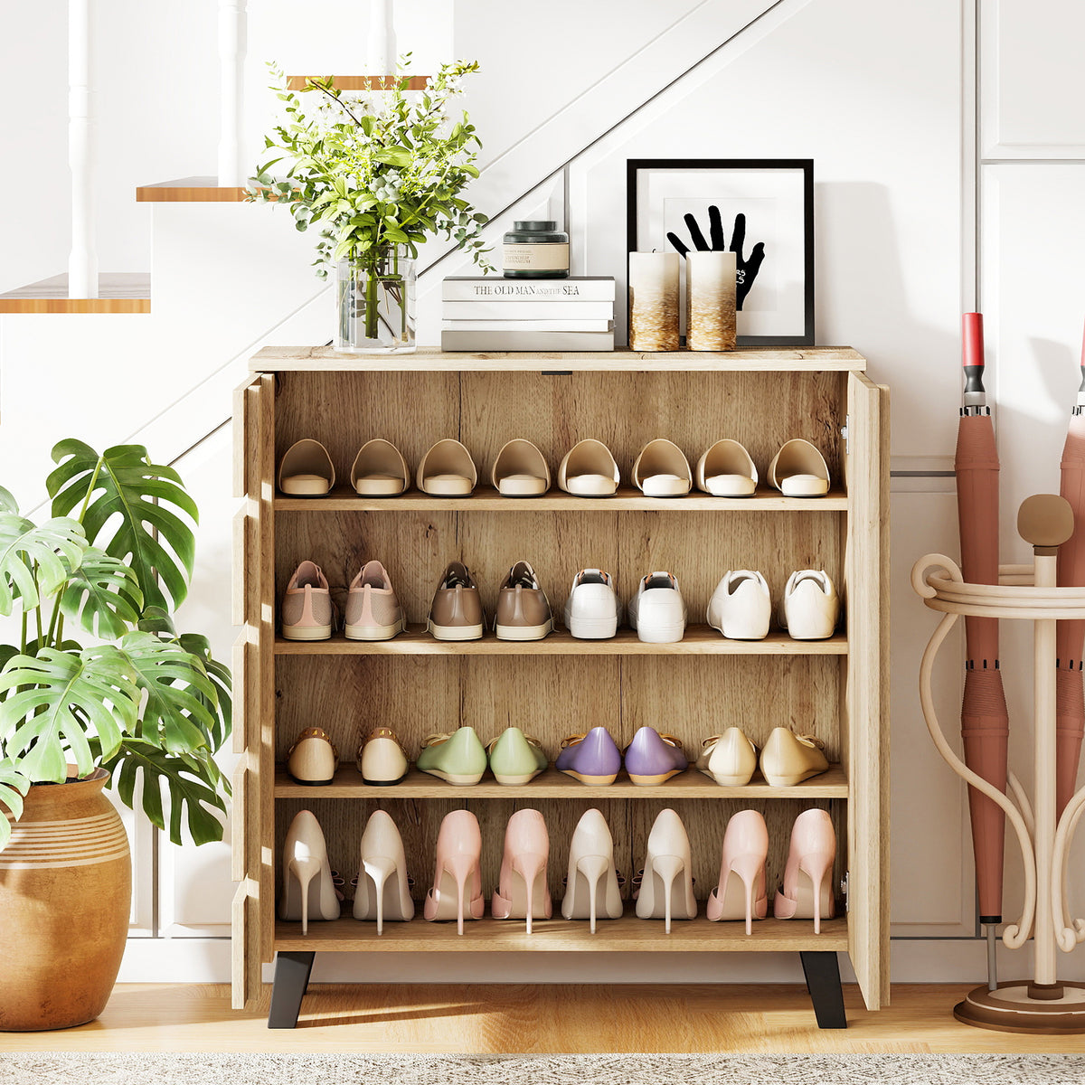 4-Tier Shoe Cabinet with Louvered Door - Natural Wood