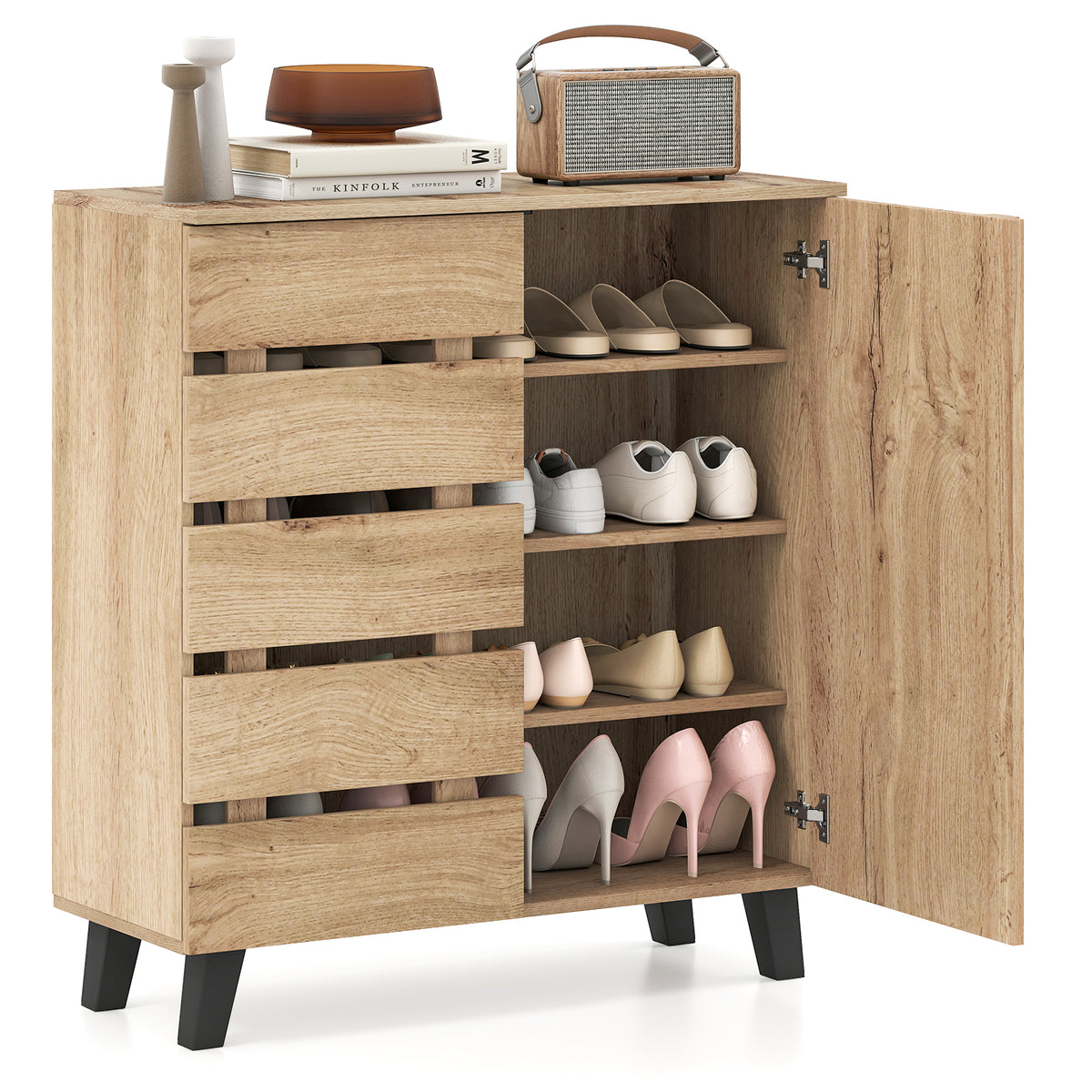 4-Tier Shoe Cabinet with Louvered Door - Natural Wood