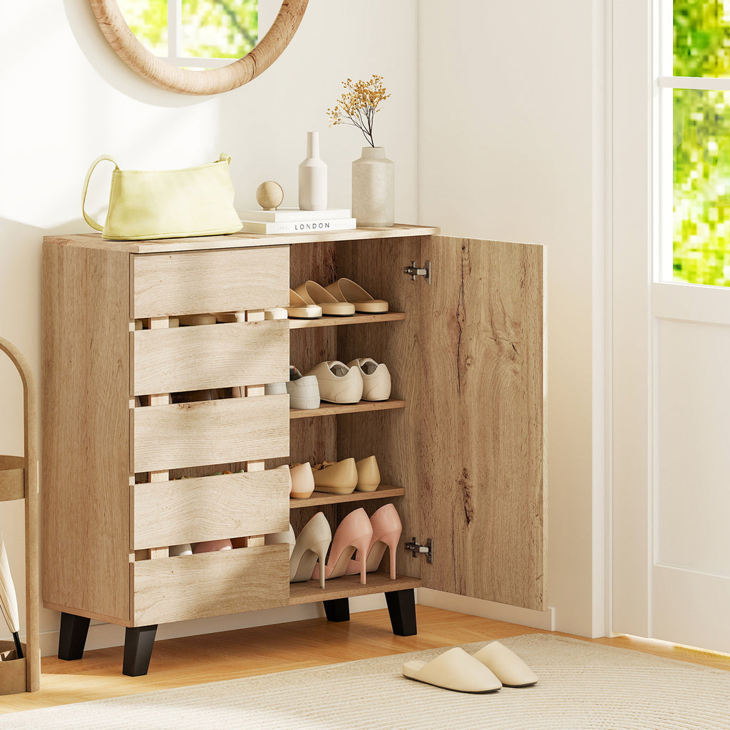 4-Tier Shoe Cabinet with Louvered Door - Natural Wood