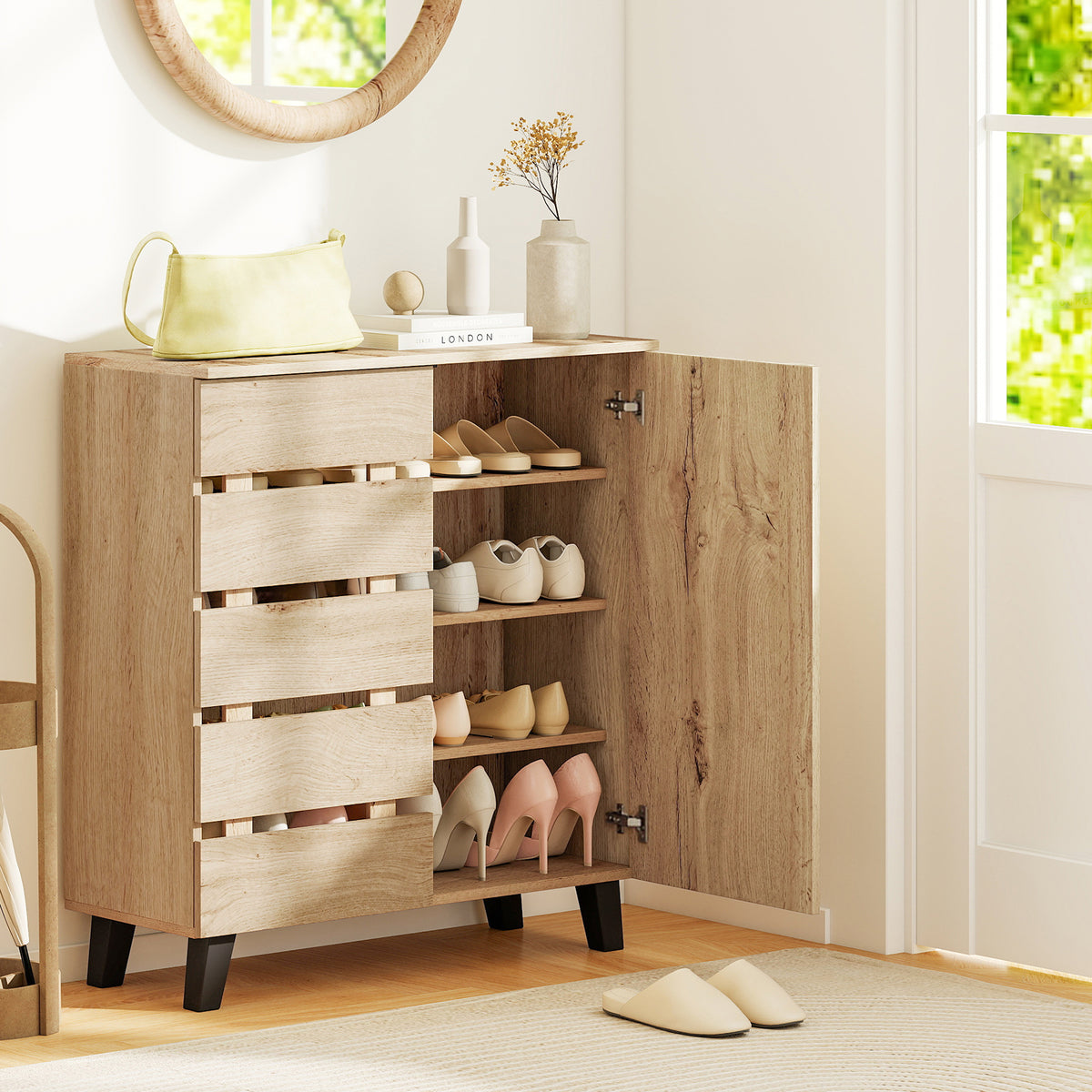 4-Tier Shoe Cabinet with Louvered Door - Natural Wood