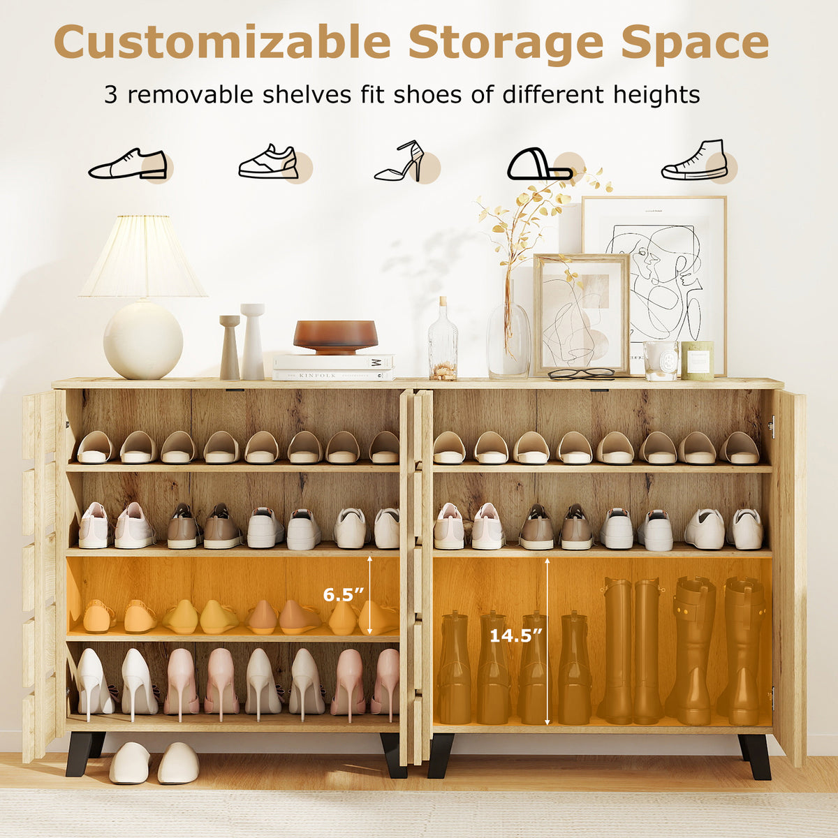 4-Tier Shoe Cabinet with Louvered Door - Natural Wood