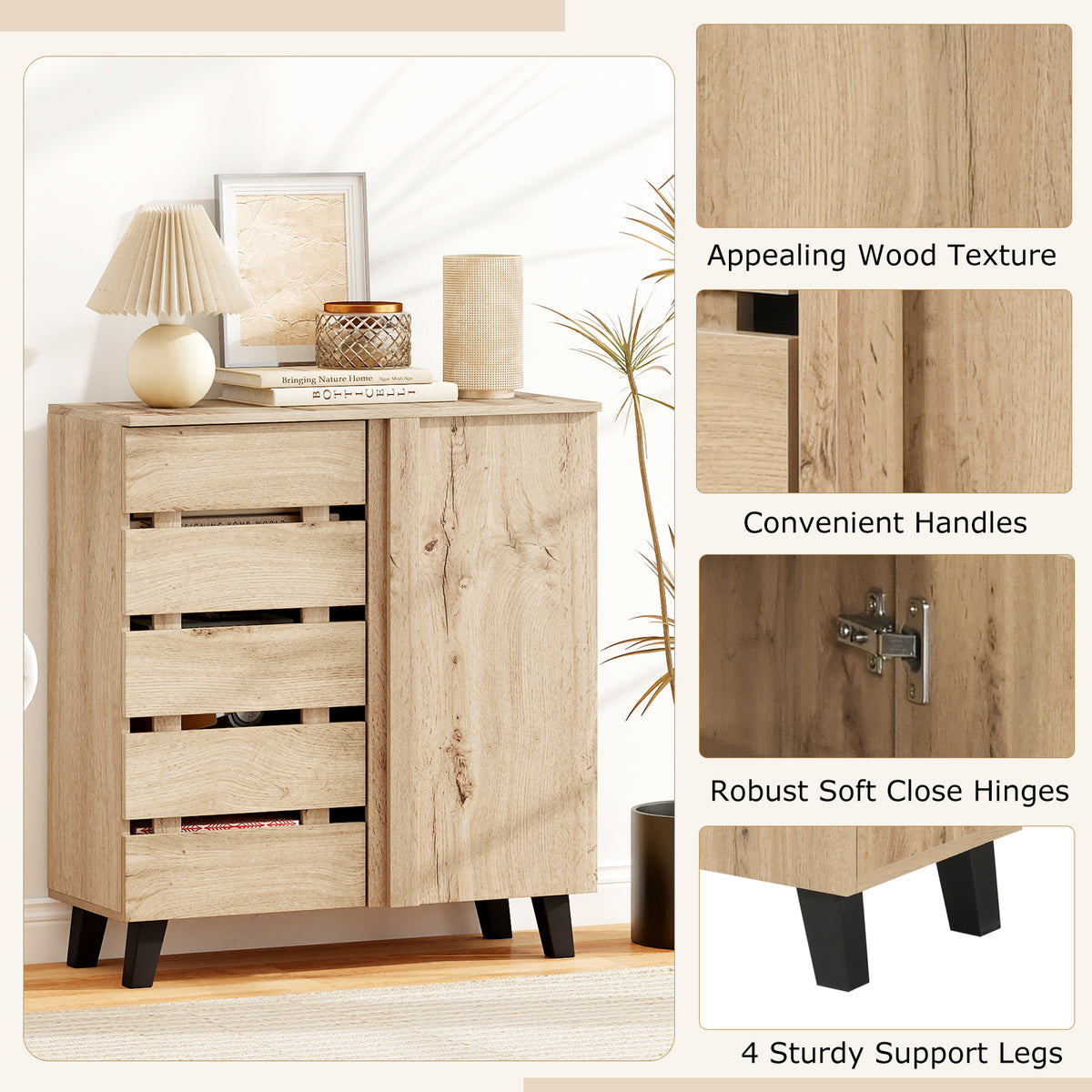 4-Tier Shoe Cabinet with Louvered Door - Natural Wood
