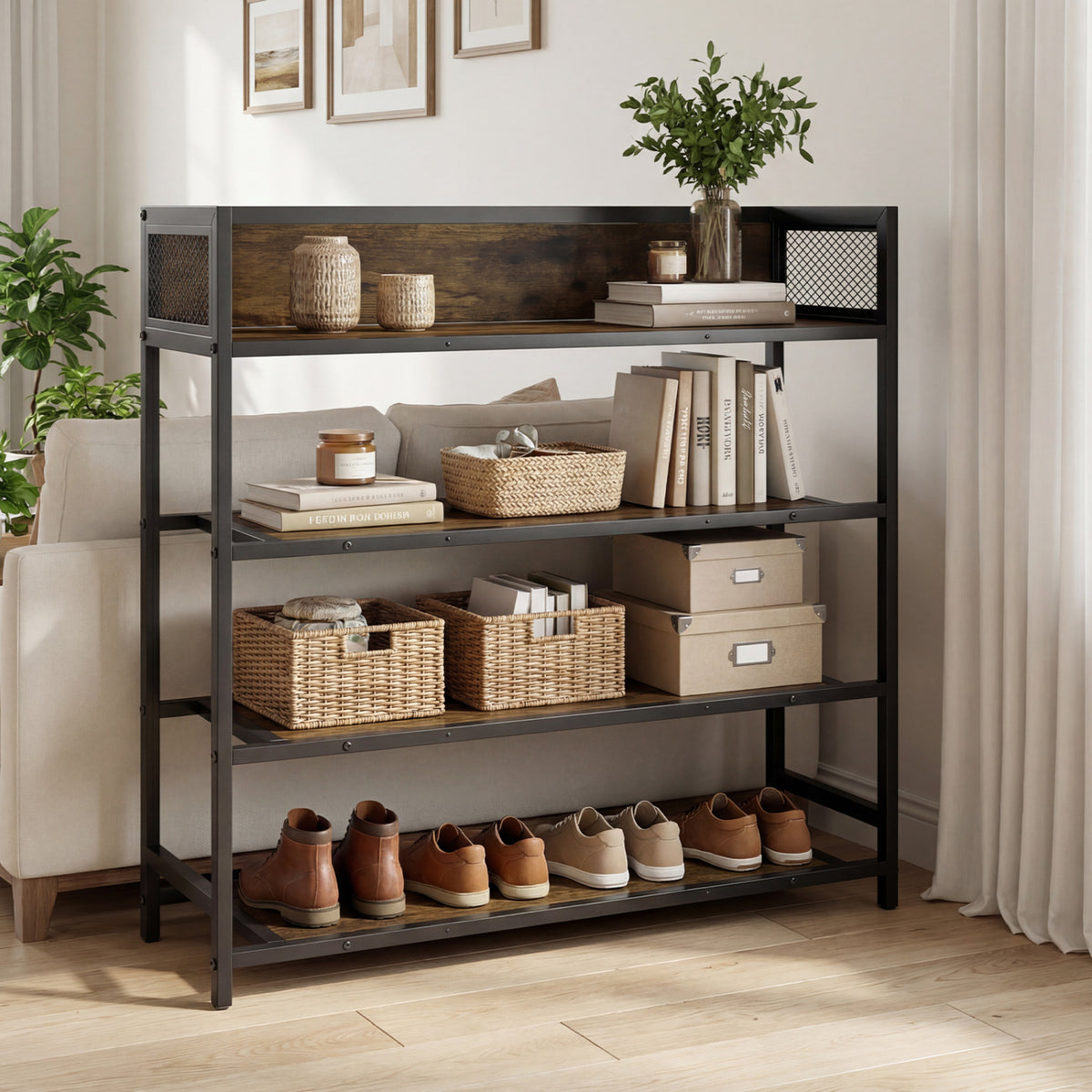 4-Tier Shoe Rack with Metal Frame, Rustic Brown
