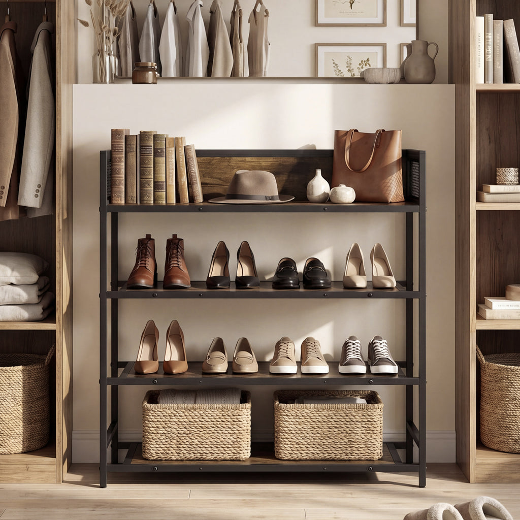 4-Tier Shoe Rack with Metal Frame, Rustic Brown