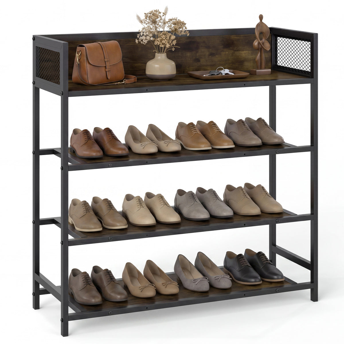 4-Tier Shoe Rack with Metal Frame, Rustic Brown