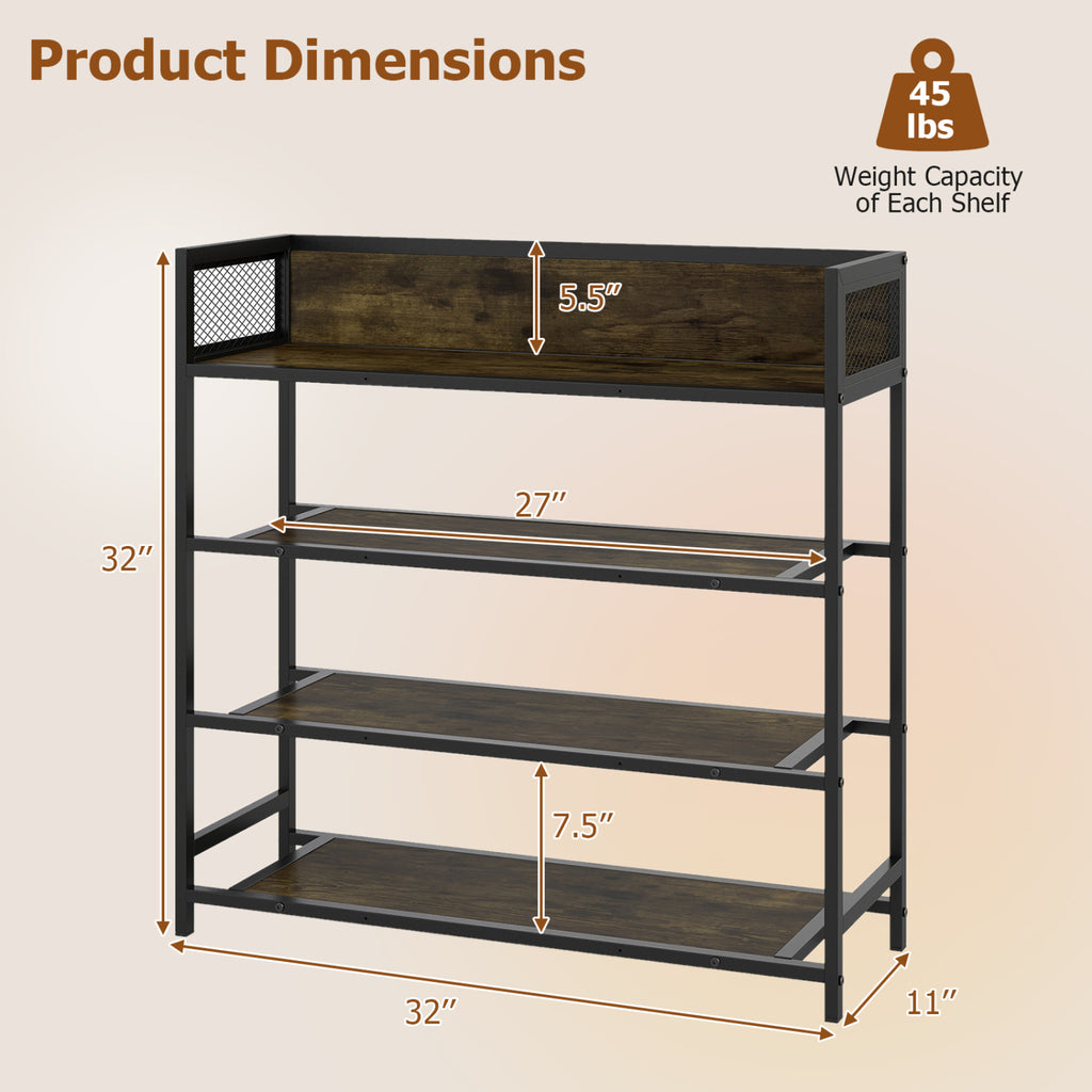 4-Tier Shoe Rack with Metal Frame, Rustic Brown
