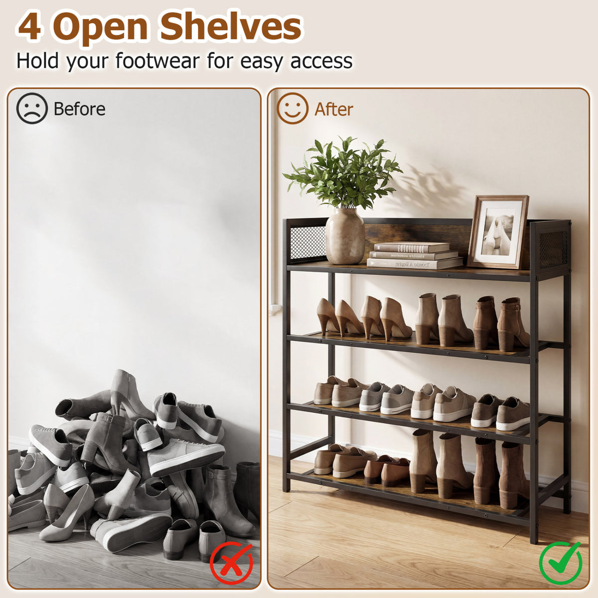 4-Tier Shoe Rack with Metal Frame, Rustic Brown