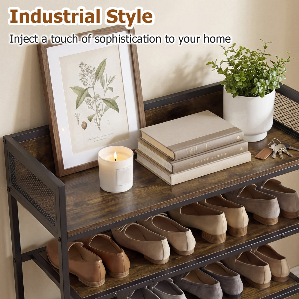 4-Tier Shoe Rack with Metal Frame, Rustic Brown