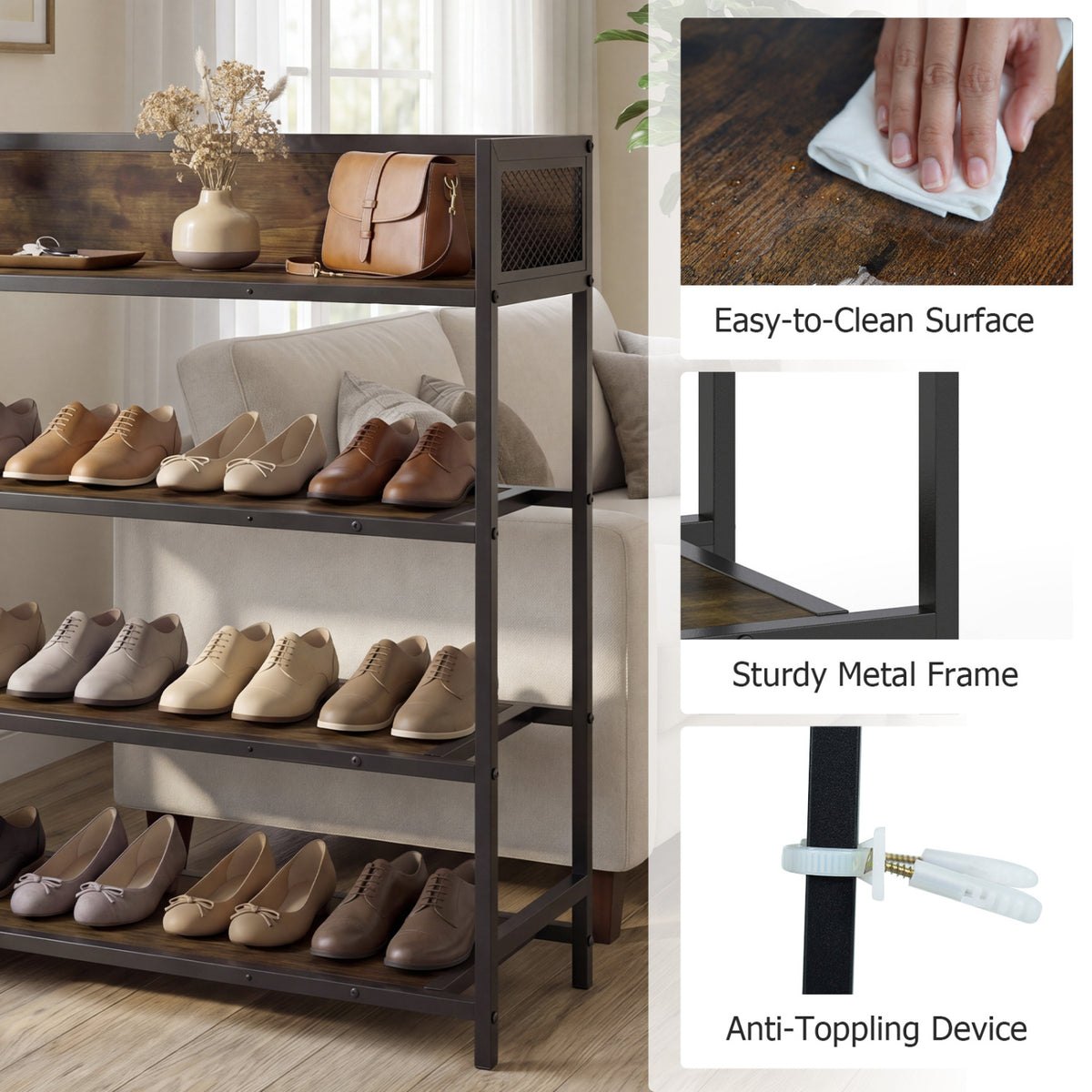 4-Tier Shoe Rack with Metal Frame, Rustic Brown