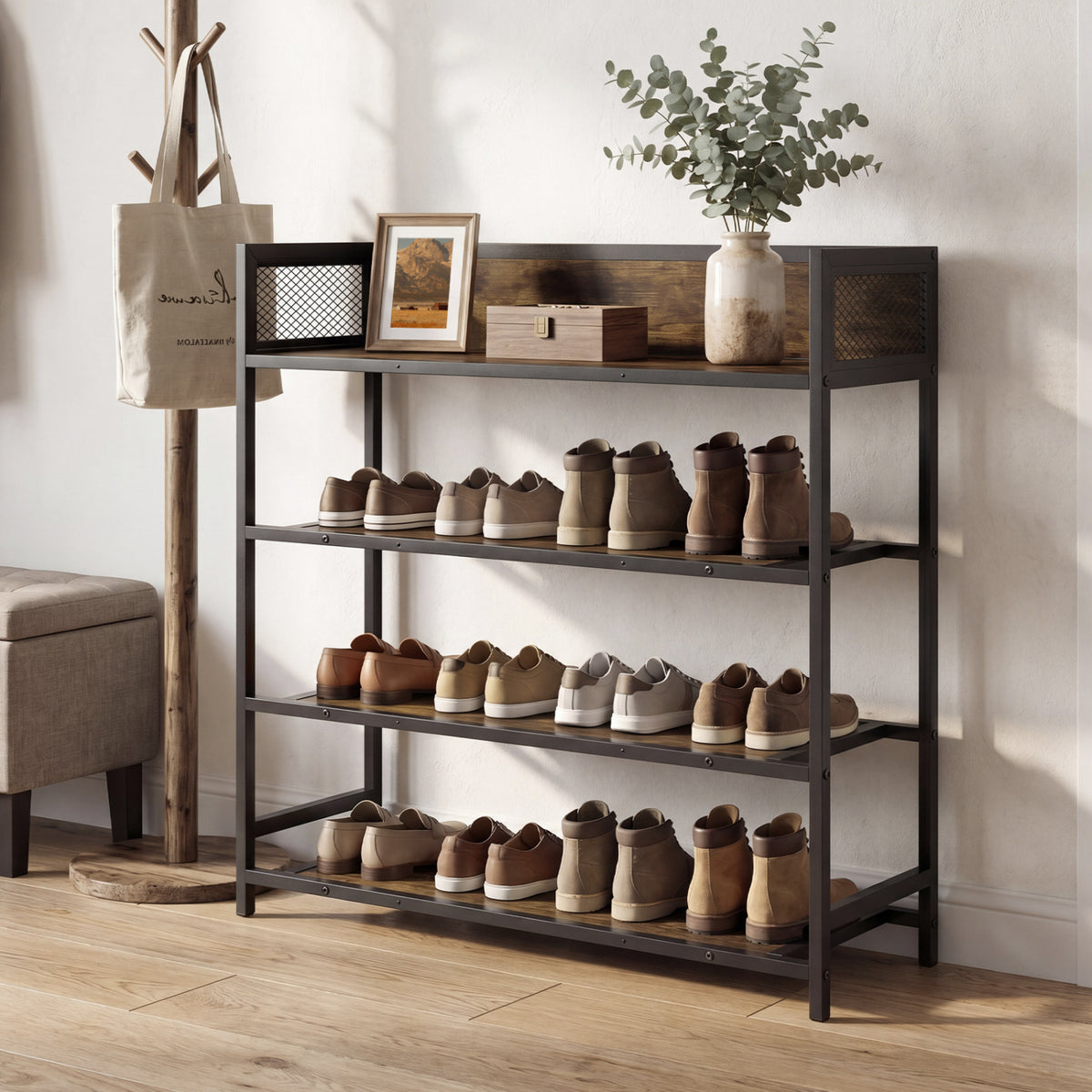 4-Tier Shoe Rack with Metal Frame, Rustic Brown