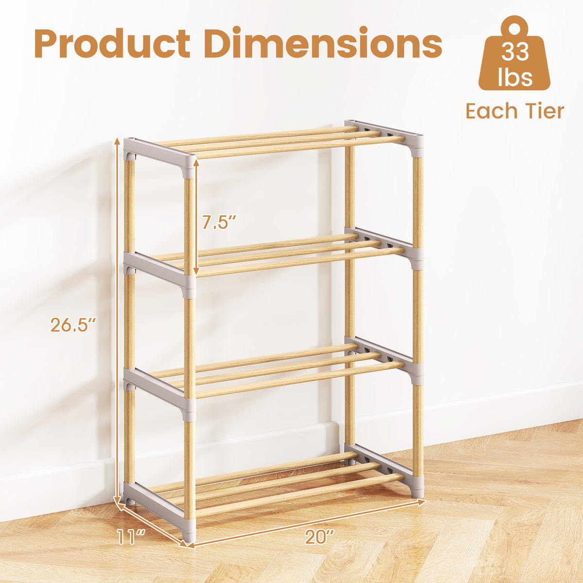 4-Tier Solid Wood Shoe Rack, Gray