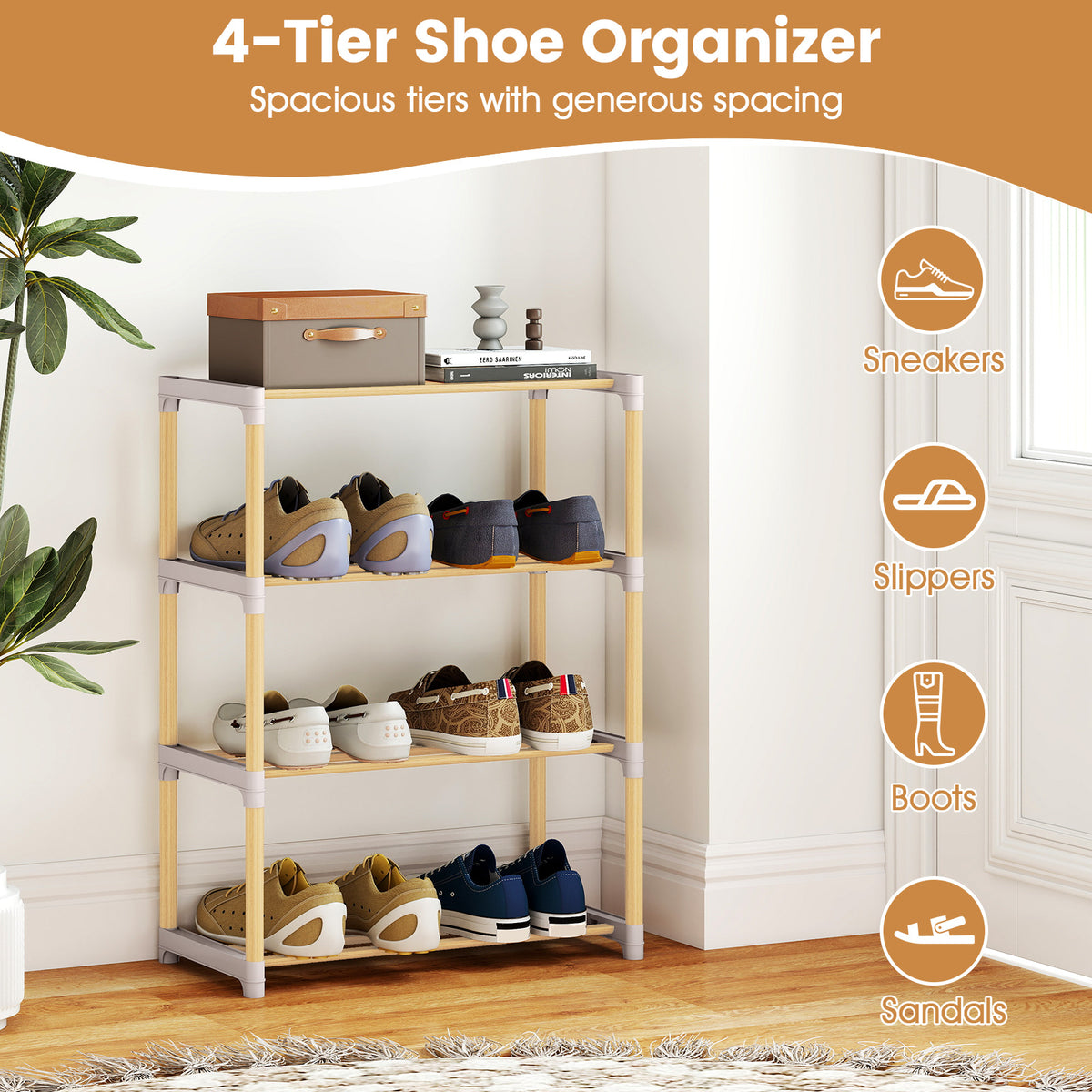 4-Tier Solid Wood Shoe Rack, Gray