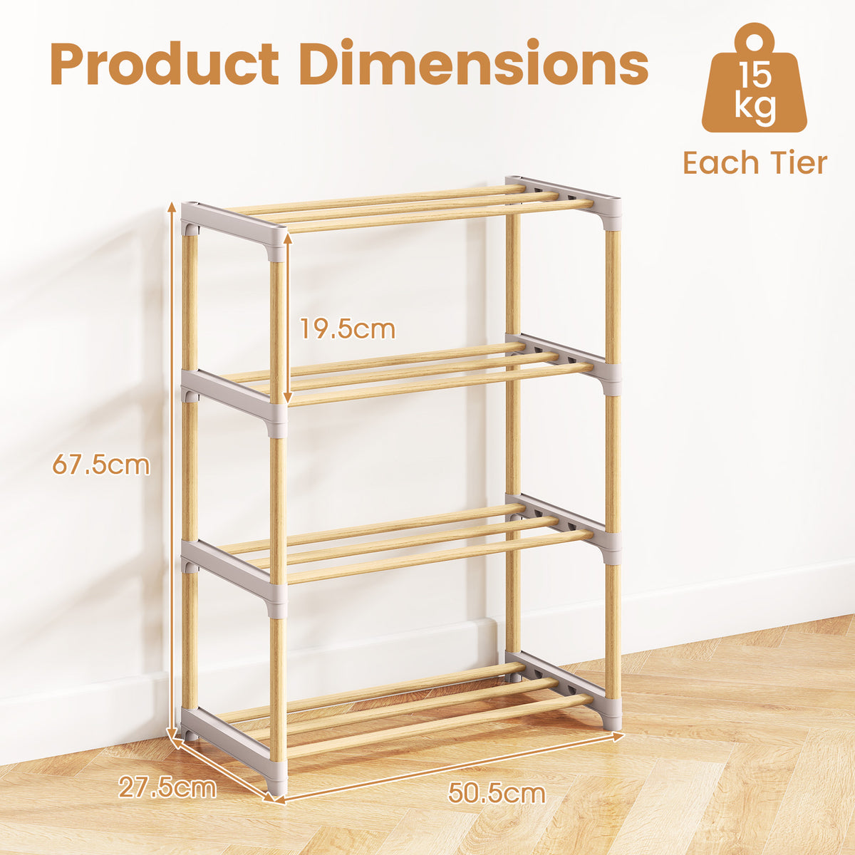 4-Tier Solid Wood Shoe Rack, Gray
